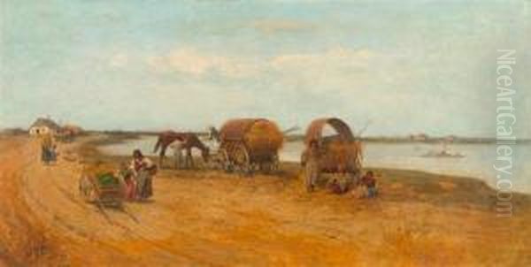 Figure Resting With Lifestock Wagon At The Coast Oil Painting by Franciszek Streitt