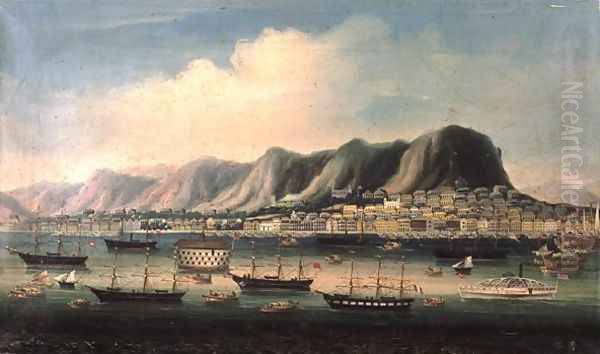 View of Hong Kong, with a Prison Hulk and a Paddlesteamer in the Harbour Oil Painting by Anonymous Artist