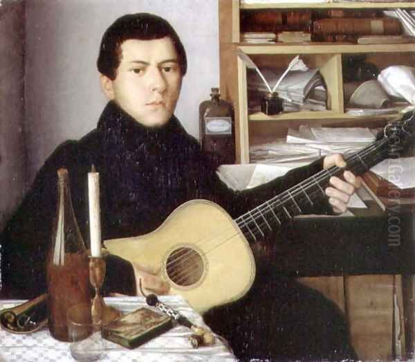 Portrait of a Young Man with a Guitar, c.1830 Oil Painting by Anonymous Artist