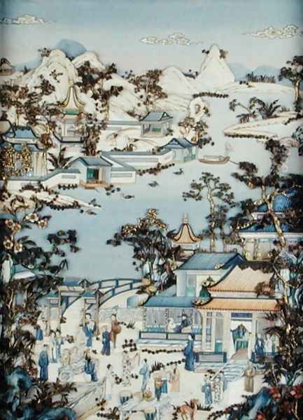 Panels depicting figures on a terrace, Qianlong period, 1736-95 Oil Painting by Anonymous Artist