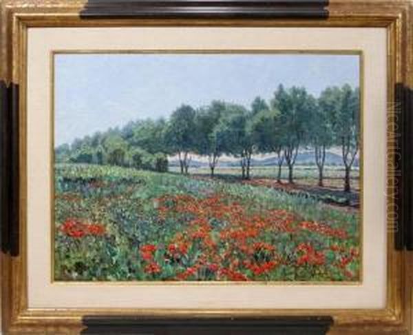 Landscape With Poppy Fields Oil Painting by Heinrich Strieffler