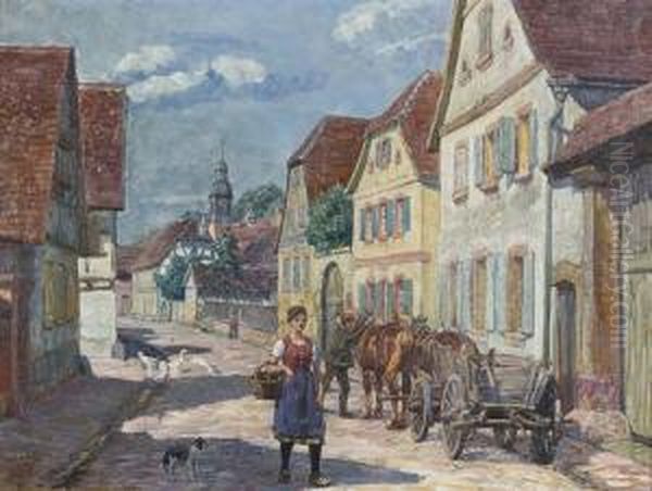 Bauerin In Sommerlicher Dorfstrasse. Oil Painting by Heinrich Strieffler