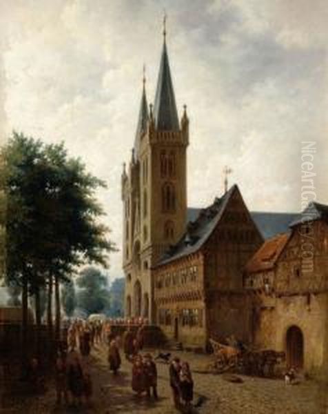 Many Figures In Front Of The Cathedral In Halbertstadt Oil Painting by Jan Striening