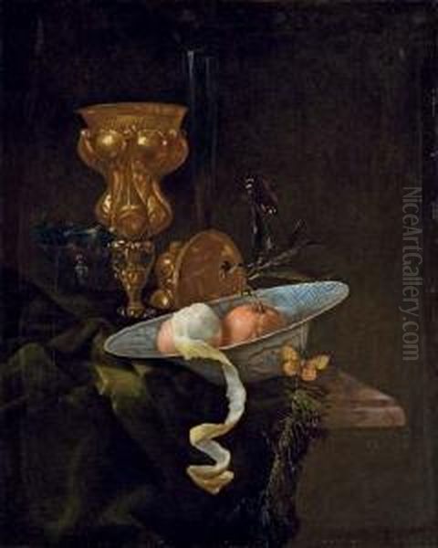 A Chalice, A Porcelain Bowl With Two Oranges And A Half-peeled Lemon, On A Draped Ledge With Two Butterflies Oil Painting by Christiaan Jansz. Striep