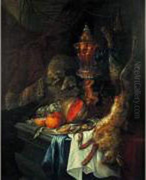 Nature Morte Aux Hanap, Fruits Et Lievre Sur Un Entablement Oil Painting by Christiaan Jansz. Striep