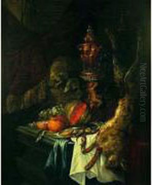 Nature Morte Au Hanap, Fruits Et Lievre Sur Un Entablement Oil Painting by Christiaan Jansz. Striep