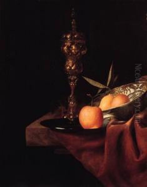 A Silver Gilt Cup-and-cover, A Lemon And An Orange In A Wan-lidish, An Orange On A Pewter Plate And An Upturned Roemer On Adraped Marble Ledge Oil Painting by Christiaan Jansz. Striep