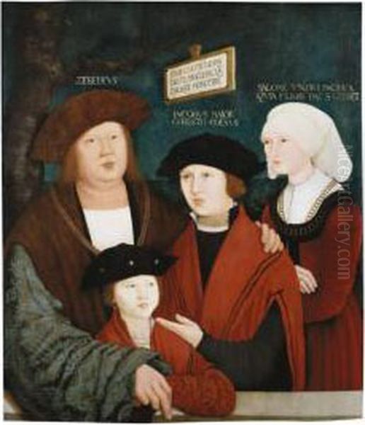 A Portrait Of Johannes Cuspinian, With His Second Wife Agnes, And His Sons From His First Marriage: Sebastian Felix And Nicolaus Christostomus Oil Painting by Bernhard Strigel