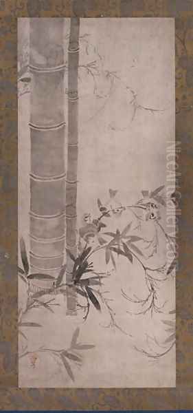 Sparrows and Bamboo, one of a pair of hanging scrolls, Edo period Oil Painting by Anonymous Artist