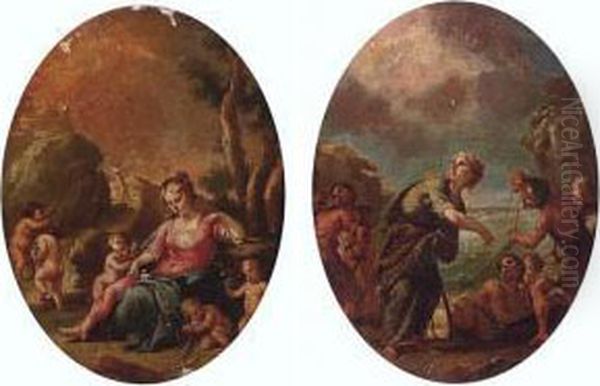 A Goddess Surrounded By Putti; And A Goddess With Fisherman Oil Painting by Francesco Stringa