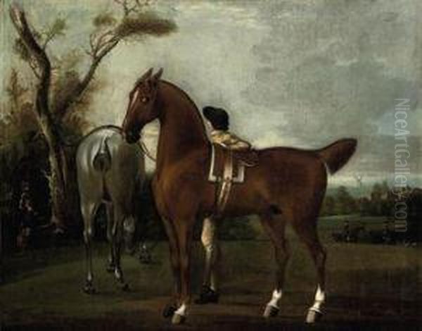 A Groom With Two Hunters In A Landscape, A Windmill Beyond Oil Painting by Thomas Stringer