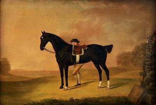 A Dark Bay Hunter With A Groom In A Landscape Oil Painting by Thomas Stringer