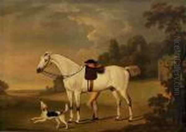 A Grey Hunter With A Groom And A Hound Before A Barn Oil Painting by Thomas Stringer