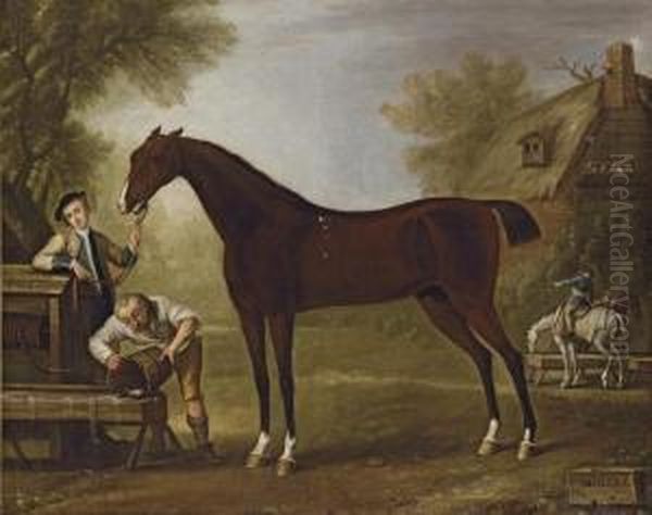 Flying Childers Held By A Groom, With Other Figures, In A Landscape With A Cottage Beyond Oil Painting by Thomas Stringer