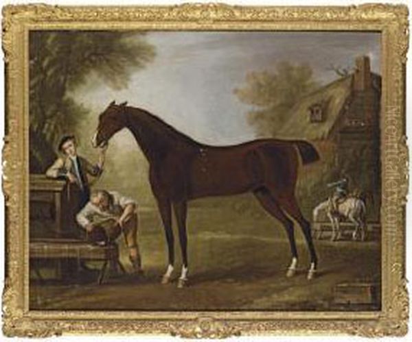 Flying Childers Held By A Groom, With Other Figures, In A Landscapewith A Cottage Beyond Oil Painting by Thomas Stringer