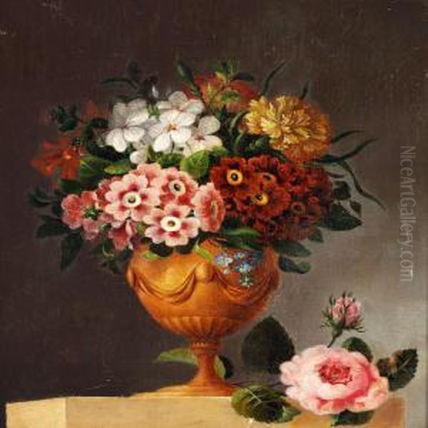 Carnations And Primrose In A Vase Oil Painting by Christian Strodtmann