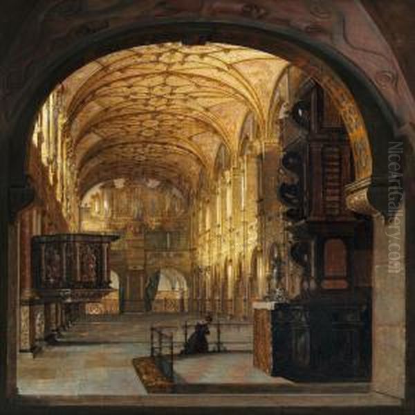 Frederiksborg Slotskirke Ved Sildig Eftermiddag, Seet Fra Chorstolene Bag Alteret Oil Painting by Johan Stroe