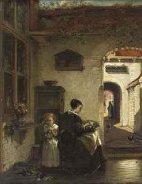 Mother And Daughter In The Courtyard Oil Painting by Johannes Anthonie Balthasar Stroebel