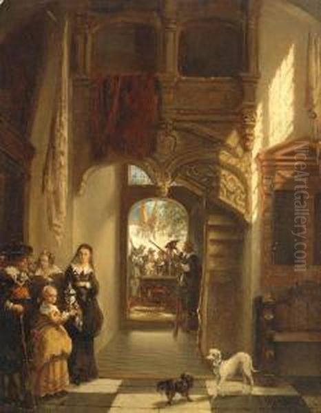 Historic Scene With A 'schutterij' In The Background Oil Painting by Johannes Anthonie Balthasar Stroebel