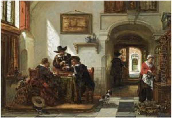 A Game Of 'tric Trac' Oil Painting by Johannes Anthonie Balthasar Stroebel