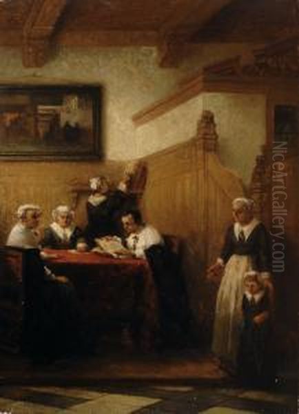 A 17th Century Interior Withregents Around A Table Oil Painting by Johannes Anthonie Balthasar Stroebel