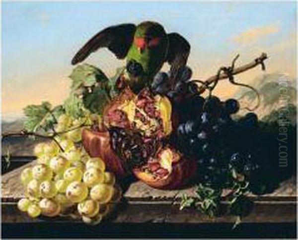 Parrot Stealing Fruit Oil Painting by Antal Jozsef Strohmayer