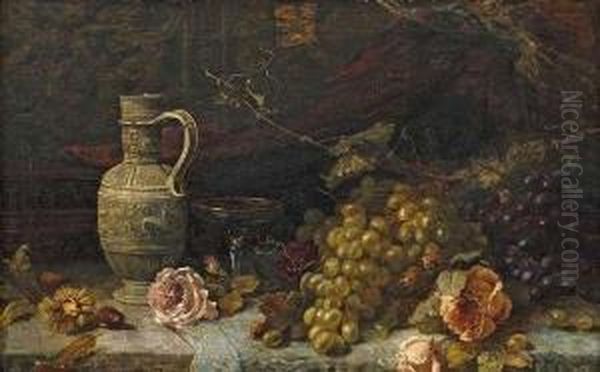 Still Lifewith Grapes, Roses, Tazza And A Stoneware Jug. Oil Painting by Helene Marie Stromeyer