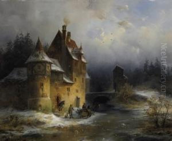 After The Winter Hunt. People Having A Conversation In Front Of An Old Castle Set On A Lake. Monogrammed Bottom Right: F.s Oil Painting by Francois Stroobant