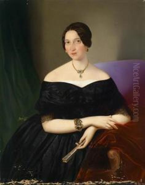 Portrait Of A Ladydressed In Black With A Folded Fan Oil Painting by Michael Stroy