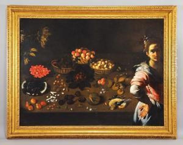 Figura Femminile E Grande Tavolo Con Natura Morta Oil Painting by Bernardo Strozzi