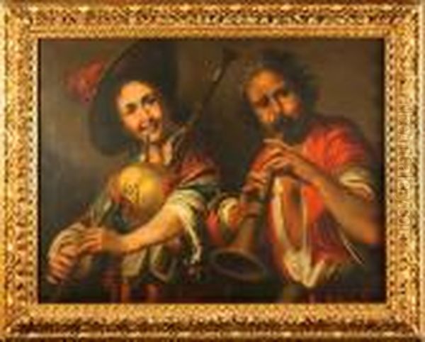 Suonatore Di Flauto E Suonatore Di Zampogna Oil Painting by Bernardo Strozzi