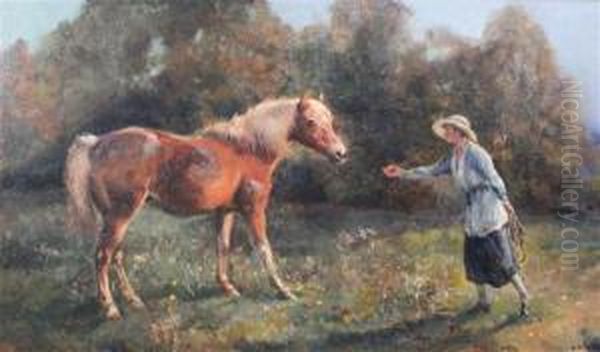 Woman Offering An Apple To A Pony Oil Painting by William Strutt