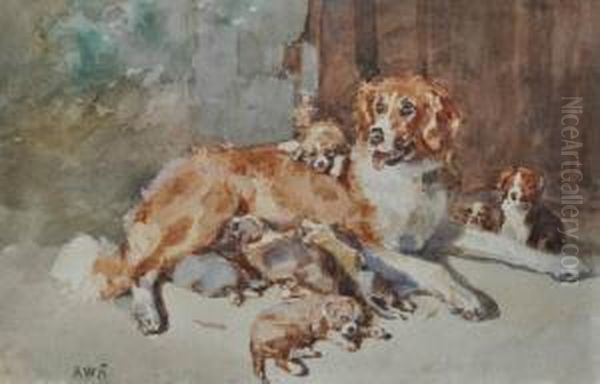 Dog Andpuppies Oil Painting by William Strutt