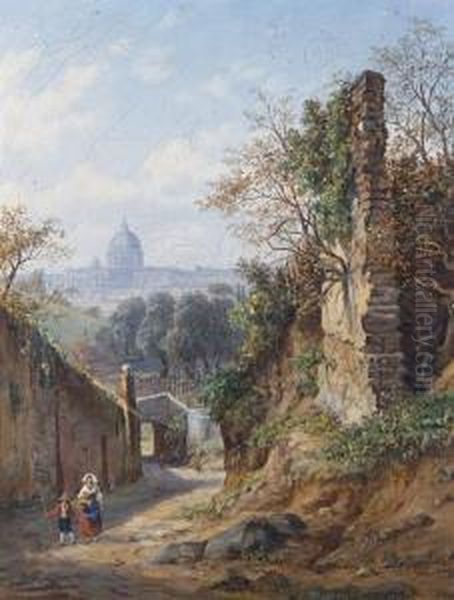 Distant View Of Rome; A Backstreet In Rome Oil Painting by Arthur John Strutt