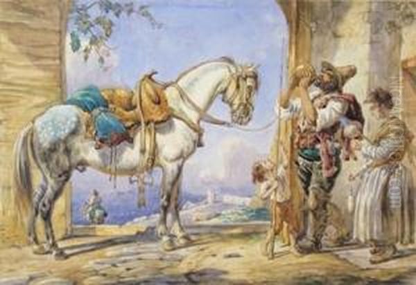 A Rustic With A Horse And A Lady Spinning Oil Painting by Arthur John Strutt