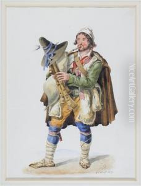 A Man Playing A Dudelsack; Continental Rustic Oil Painting by Arthur John Strutt