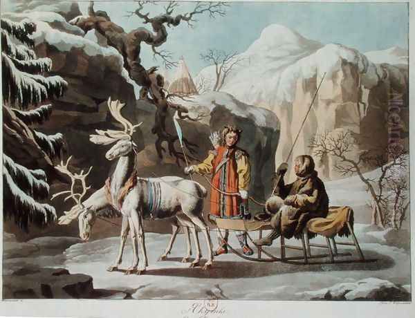 Yakuts of central Siberia in winter landscape, clad in furs and with a reindeer sledge, published 1813 Oil Painting by Anonymous Artist