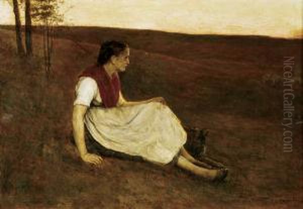 Shepherdess With Dog At Dusk Oil Painting by Alexandre Theodore Struys