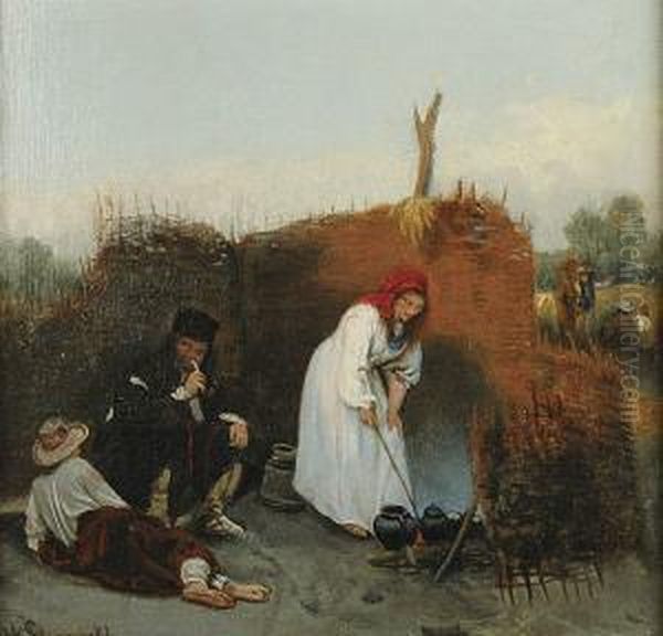 Przy Ognisku Oil Painting by August Wilhelm Stryowski