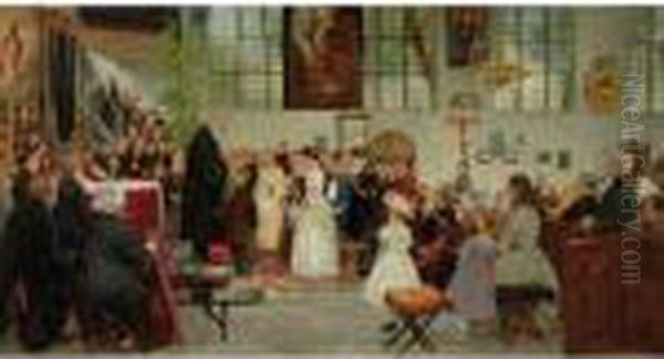 The Confirmation Class Oil Painting by August Wilhelm Stryowski