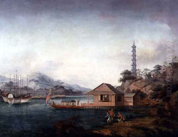 Figures and Vessels before a Pagoda in a Mountainous River Landscape, c.1850 Oil Painting by Anonymous Artist