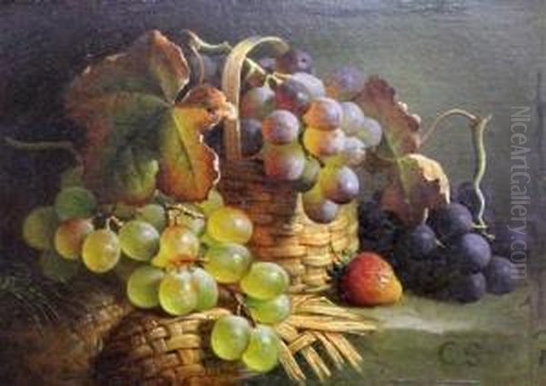 Still Life Of Grapes In A Rush Basket Oil Painting by Charles Stuart