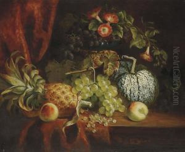 A Pineapple, Peaches, A Pumpkin, Black And Green Grapes, White Currants And Pink Convolvulus On A Carved Wooden Chest By A Red Curtain Oil Painting by Charles Stuart