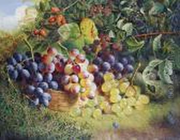 Still Life Of Grapes In A Basket On A Grassy Bank Oil Painting by Charles Stuart