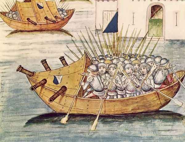 Soldiers armed with guns in a vessel with cannons, from the Berner Chronik, by Diebold Schilling the Elder c.1445-85 1483 Oil Painting by Anonymous Artist