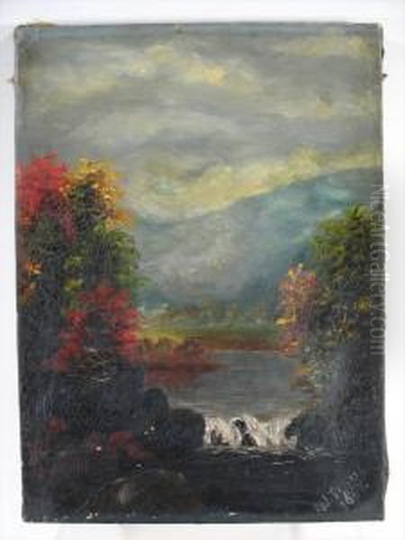 Mountainand Lake Scene Oil Painting by J. Stuart