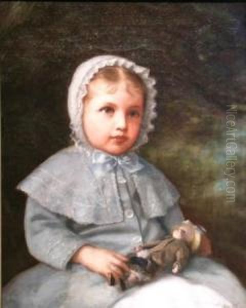 Young Girl With Doll In A Landscape Oil Painting by James Reeve Stuart