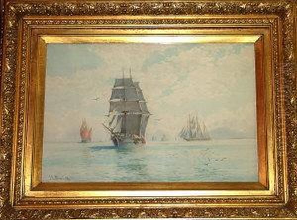 Shipping In A Pearly Sea Oil Painting by J.G. Stuart