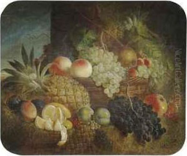 Pineapples, White Grapes, Black Grapes, Cherries, Peaches, Apples, Plums, White Currants, Red Currants, Strawberries, A Pear And An Orange, Arranged In Baskets On A Hay Stack Oil Painting by William Stuart