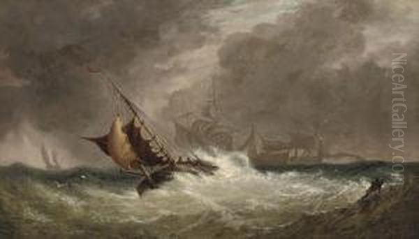 A Fishing Vessel In Rough Seas Oil Painting by William E.D. Stuart